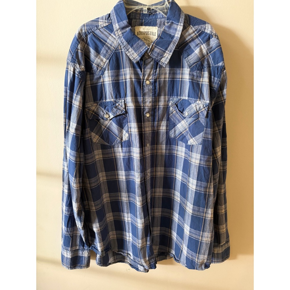 Aeropostale Mens XL Blue Plaid Western Snap Button Down Shirt Vintage Fit Cotton